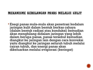  Enegi panas mula-mula akan penetrasi kedalam 
jaringan kulit dalam bentuk berkas cahaya 
(dalam bentuk radiasi atau konduksi) kemudian 
akan menghilang didalam jaringan yang lebih 
dalam berupa panas, panas tersebut kemudian 
diangkut ke jaringan lain dengan cara konveksi 
yaitu diangkut ke jaringan seluruh tubuh melalui 
cairan tubuh, dan energi panas akan 
dikeluarkan melalui evaporasi (keringat) 
 