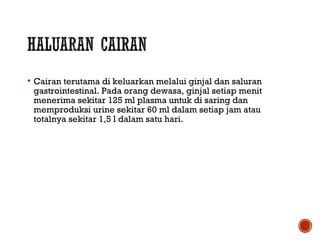  Cairan terutama di keluarkan melalui ginjal dan saluran 
gastrointestinal. Pada orang dewasa, ginjal setiap menit 
menerima sekitar 125 ml plasma untuk di saring dan 
memproduksi urine sekitar 60 ml dalam setiap jam atau 
totalnya sekitar 1,5 l dalam satu hari. 
 