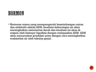  Hormone utama yang mempengaruhi keseimbangan cairan 
dan elektrolit adalah ADH, keadaan kekurangan air akan 
meningkatkan osmolaritas darah dan keadaan ini akan di 
respon oleh kelenjar hipofisis dengan melepaskan ADH. ADH 
akan menurunkan produksi urine dengan cara meningkatkan 
reabsorbsi air oleh tubulus ginjal. 
 
