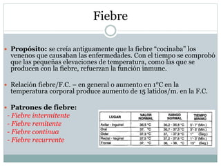 Fiebre
 Propósito: se creía antiguamente que la fiebre “cocinaba” los

venenos que causaban las enfermedades. Con el tiempo se comprobó
que las pequeñas elevaciones de temperatura, como las que se
producen con la fiebre, refuerzan la función inmune.

 Relación fiebre/F.C. – en general o aumento en 1°C en la

temperatura corporal produce aumento de 15 latidos/m. en la F.C.

 Patrones de fiebre:

- Fiebre intermitente
- Fiebre remitente
- Fiebre continua
- Fiebre recurrente

 