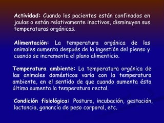 Actividad: Cuando los pacientes están confinados en
jaulas o están relativamente inactivos, disminuyen sus
temperaturas orgánicas.
Alimentación: La temperatura orgánica de las
animales aumenta después de la ingestión del pienso y
cuando se incrementa el plano alimenticio.
Temperatura ambiente: La temperatura orgánica de
las animales domésticos varía con la temperatura
ambiente, en el sentido de que cuando aumenta ésta
última aumenta la temperatura rectal.
Condición fisiológica: Postura, incubación, gestación,
lactancia, ganancia de peso corporal, etc.
 