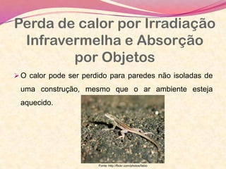 Perda de calor por Irradiação
Infravermelha e Absorção
por Objetos
O calor pode ser perdido para paredes não isoladas de
uma construção, mesmo que o ar ambiente esteja
aquecido.
Fonte: http://flickr.com/photos/fabio
 