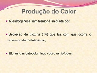  A termogênese sem tremor é mediada por:
 Secreção de tiroxina (T4) que faz com que ocorra o
aumento do metabolismo;
 Efeitos das catecolaminas sobre os lipídeos;
Produção de Calor
 