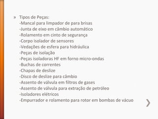 » Tipos de Peças:
-Mancal para limpador de para brisas
-Junta de eixo em câmbio automático
-Rolamento em cinto de segurança
-Corpo isolador de sensores
-Vedações de esfera para hidráulica
-Peças de isolação
-Peças isoladoras HF em forno micro-ondas
-Buchas de correntes
-Chapas de deslize
-Disco de deslize para câmbio
-Assento de válvula em filtros de gases
-Assento de válvula para extração de petróleo
-Isoladores elétricos
-Empurrador e rolamento para rotor em bombas de vácuo
 