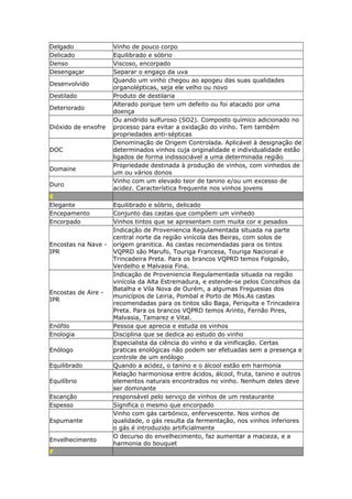 Delgado Vinho de pouco corpo
Delicado Equilibrado e sóbrio
Denso Viscoso, encorpado
Desengaçar Separar o engaço da uva
Desenvolvido
Quando um vinho chegou ao apogeu das suas qualidades
organolépticas, seja ele velho ou novo
Destilado Produto de destilaria
Deteriorado
Alterado porque tem um defeito ou foi atacado por uma
doença
Dióxido de enxofre
Ou anidrido sulfuroso (SO2). Composto químico adicionado no
processo para evitar a oxidação do vinho. Tem também
propriedades anti-sépticas
DOC
Denominação de Origem Controlada. Aplicável à designação de
determinados vinhos cuja originalidade e individualidade estão
ligados de forma indissociável a uma determinada região
Domaine
Propriedade destinada à produção de vinhos, com vinhedos de
um ou vários donos
Duro
Vinho com um elevado teor de tanino e/ou um excesso de
acidez. Característica frequente nos vinhos jovens
E
Elegante Equilibrado e sóbrio, delicado
Encepamento Conjunto das castas que compõem um vinhedo
Encorpado Vinhos tintos que se apresentam com muita cor e pesados
Encostas na Nave -
IPR
Indicação de Proveniencia Regulamentada situada na parte
central norte da região vinícola das Beiras, com solos de
origem granitica. As castas recomendadas para os tintos
VQPRD são Marufo, Touriga Francesa, Touriga Nacional e
Trincadeira Preta. Para os brancos VQPRD temos Folgosão,
Verdelho e Malvasia Fina.
Encostas de Aire -
IPR
Indicação de Proveniencia Regulamentada situada na região
vinícola da Alta Estremadura, e estende-se pelos Concelhos da
Batalha e Vila Nova de Ourém, a algumas Freguesias dos
municípios de Leiria, Pombal e Porto de Mós.As castas
recomendadas para os tintos são Baga, Periquita e Trincadeira
Preta. Para os brancos VQPRD temos Arinto, Fernão Pires,
Malvasia, Tamarez e Vital.
Enófilo Pessoa que aprecia e estuda os vinhos
Enologia Disciplina que se dedica ao estudo do vinho
Enólogo
Especialista da ciência do vinho e da vinificação. Certas
praticas enológicas não podem ser efetuadas sem a presença e
controle de um enólogo
Equilibrado Quando a acidez, o tanino e o álcool estão em harmonia
Equilíbrio
Relação harmoniosa entre ácidos, álcool, fruta, tanino e outros
elementos naturais encontrados no vinho. Nenhum deles deve
ser dominante
Escanção responsável pelo serviço de vinhos de um restaurante
Espesso Significa o mesmo que encorpado
Espumante
Vinho com gás carbónico, enfervescente. Nos vinhos de
qualidade, o gás resulta da fermentação, nos vinhos inferiores
o gás é introduzido artificialmente
Envelhecimento
O decurso do envelhecimento, faz aumentar a macieza, e a
harmonia do bouquet
F
 