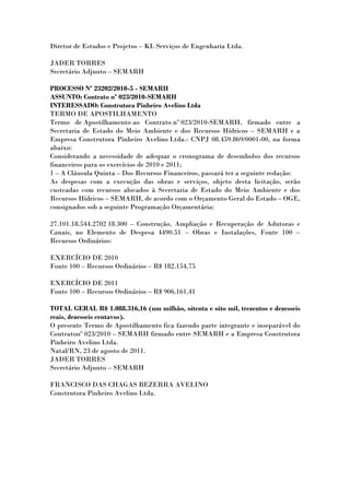 Diretor de Estudos e Projetos – KL Serviços de Engenharia Ltda.

JADER TORRES
Secretário Adjunto – SEMARH

PROCESSO Nº 23202/2010-5 - SEMARH
ASSUNTO: Contrato nº 023/2010-SEMARH
INTERESSADO: Construtora Pinheiro Avelino Ltda
TERMO DE APOSTILHAMENTO
Termo de Apostilhamento ao Contrato nº 023/2010-SEMARH, firmado entre a
Secretaria de Estado do Meio Ambiente e dos Recursos Hídricos – SEMARH e a
Empresa Construtora Pinheiro Avelino Ltda.- CNPJ 08.459.869/0001-00, na forma
abaixo:
Considerando a necessidade de adequar o cronograma de desembolso dos recursos
financeiros para os exercícios de 2010 e 2011;
1 – A Cláusula Quinta – Dos Recursos Financeiros, passará ter a seguinte redação:
As despesas com a execução das obras e serviços, objeto desta licitação, serão
custeadas com recursos alocados à Secretaria de Estado do Meio Ambiente e dos
Recursos Hídricos – SEMARH, de acordo com o Orçamento Geral do Estado – OGE,
consignados sob a seguinte Programação Orçamentária:

27.101.18.544.2702 18.300 – Construção, Ampliação e Recuperação de Adutoras e
Canais, no Elemento de Despesa 4490.51 – Obras e Instalações, Fonte 100 –
Recursos Ordinários:

EXERCÍCIO DE 2010
Fonte 100 – Recursos Ordinários – R$ 182.154,75

EXERCÍCIO DE 2011
Fonte 100 – Recursos Ordinários – R$ 906.161,41

TOTAL GERAL R$ 1.088.316,16 (um milhão, oitenta e oito mil, trezentos e dezesseis
reais, dezesseis centavos).
O presente Termo de Apostilhamento fica fazendo parte integrante e inseparável do
Contratonº 023/2010 – SEMARH firmado entre SEMARH e a Empresa Construtora
Pinheiro Avelino Ltda.
Natal/RN, 23 de agosto de 2011.
JADER TORRES
Secretário Adjunto – SEMARH

FRANCISCO DAS CHAGAS BEZERRA AVELINO
Construtora Pinheiro Avelino Ltda.
 