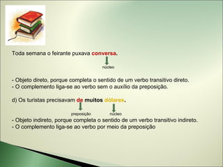 Toda semana o feirante puxava conversa.

                                     núcleo


- Objeto direto, porque completa o sentido de um verbo transitivo direto.
- O complemento liga-se ao verbo sem o auxílio da preposição.

d) Os turistas precisavam de muitos dólares.

                        preposição      núcleo
- Objeto indireto, porque completa o sentido de um verbo transitivo indireto.
- O complemento liga-se ao verbo por meio da preposição
 