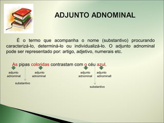 É o termo que acompanha o nome (substantivo) procurando
caracterizá-lo, determiná-lo ou individualizá-lo. O adjunto adnominal
pode ser representado por: artigo, adjetivo, numerais etc.

   As pipas coloridas contrastam com o céu azul.
 adjunto             adjunto       adjunto    adjunto
adnominal          adnominal      adnominal   adnominall

     substantivo
                                         substantivo
 