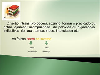 O verbo intransitivo poderá, sozinho, formar o predicado ou,
então, aparecer acompanhado de palavras ou expressões
indicativas de lugar, tempo, modo, intensidade etc.

     As folhas caem no inverno.

                  verbo          ideia

                intransitivo   de tempo
 
