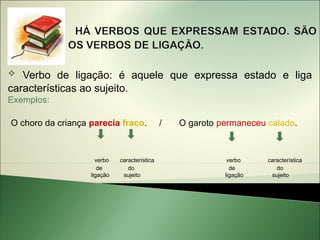   Verbo de ligação: é aquele que expressa estado e liga
características ao sujeito.
Exemplos:

O choro da criança parecia fraco.             /   O garoto permaneceu calado.



                     verbo   característica                  verbo    característica
                      de        do                            de         do
                   ligação    sujeito                       ligação    sujeito
 