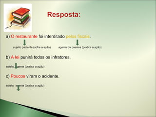 a) O restaurante foi interditado pelos fiscais.

     sujeito paciente (sofre a ação)   agente da passiva (pratica a ação)


b) A lei punirá todos os infratores.

sujeito agente (pratica a ação)


c) Poucos viram o acidente.

sujeito agente (pratica a ação)
 