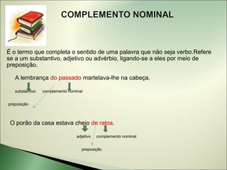 É o termo que completa o sentido de uma palavra que não seja verbo.Refere
se a um substantivo, adjetivo ou advérbio, ligando-se a eles por meio de
preposição.

   A lembrança do passado martelava-lhe na cabeça.

   substantivo   complemento nominal


preposição



 O porão da casa estava cheio de ratos.

                                 adjetivo   complemento nominal


                                   preposição
 