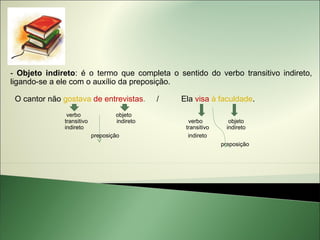 - Objeto indireto: é o termo que completa o sentido do verbo transitivo indireto,
ligando-se a ele com o auxílio da preposição.

 O cantor não gostava de entrevistas.         /   Ela visa à faculdade.
               verbo               objeto
              transitivo           indireto         verbo          objeto
              indireto                             transitivo     indireto
                           preposição               indireto
                                                                preposição
 