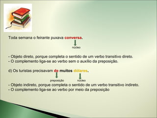 Toda semana o feirante puxava conversa.

                                     núcleo


- Objeto direto, porque completa o sentido de um verbo transitivo direto.
- O complemento liga-se ao verbo sem o auxílio da preposição.

d) Os turistas precisavam de muitos dólares.

                        preposição      núcleo
- Objeto indireto, porque completa o sentido de um verbo transitivo indireto.
- O complemento liga-se ao verbo por meio da preposição
 