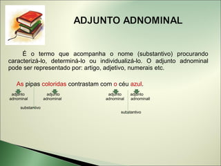 É o termo que acompanha o nome (substantivo) procurando
caracterizá-lo, determiná-lo ou individualizá-lo. O adjunto adnominal
pode ser representado por: artigo, adjetivo, numerais etc.

   As pipas coloridas contrastam com o céu azul.
 adjunto             adjunto       adjunto    adjunto
adnominal          adnominal      adnominal   adnominall

     substantivo
                                         substantivo
 