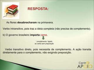 As flores desabrocharam na primavera.

Verbo intransitivo, pois traz a ideia completa (não precisa de complemento).

b) O governo brasileiro importa carne.

                             complemento ligado
                           ao verbo sem preposição


  Verbo transitivo direto, pois necessita de complemento. A ação transita
diretamente para o complemento, não exigindo preposição.
 