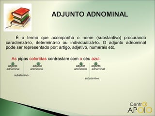 É o termo que acompanha o nome (substantivo) procurando
caracterizá-lo, determiná-lo ou individualizá-lo. O adjunto adnominal
pode ser representado por: artigo, adjetivo, numerais etc.

   As pipas coloridas contrastam com o céu azul.
 adjunto             adjunto       adjunto    adjunto
adnominal          adnominal      adnominal   adnominall

     substantivo
                                         substantivo
 