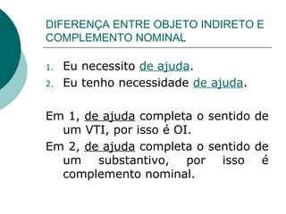 DIFERENÇA ENTRE OBJETO INDIRETO E
COMPLEMENTO NOMINAL

1.   Eu necessito de ajuda.
2.   Eu tenho necessidade de ajuda.

Em 1, de ajuda completa o sentido de
  um VTI, por isso é OI.
Em 2, de ajuda completa o sentido de
  um substantivo, por isso é
  complemento nominal.
 