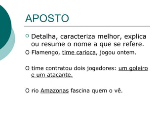 APOSTO
   Detalha, caracteriza melhor, explica
    ou resume o nome a que se refere.
O Flamengo, time carioca, jogou ontem.

O time contratou dois jogadores: um goleiro
  e um atacante.

O rio Amazonas fascina quem o vê.
 