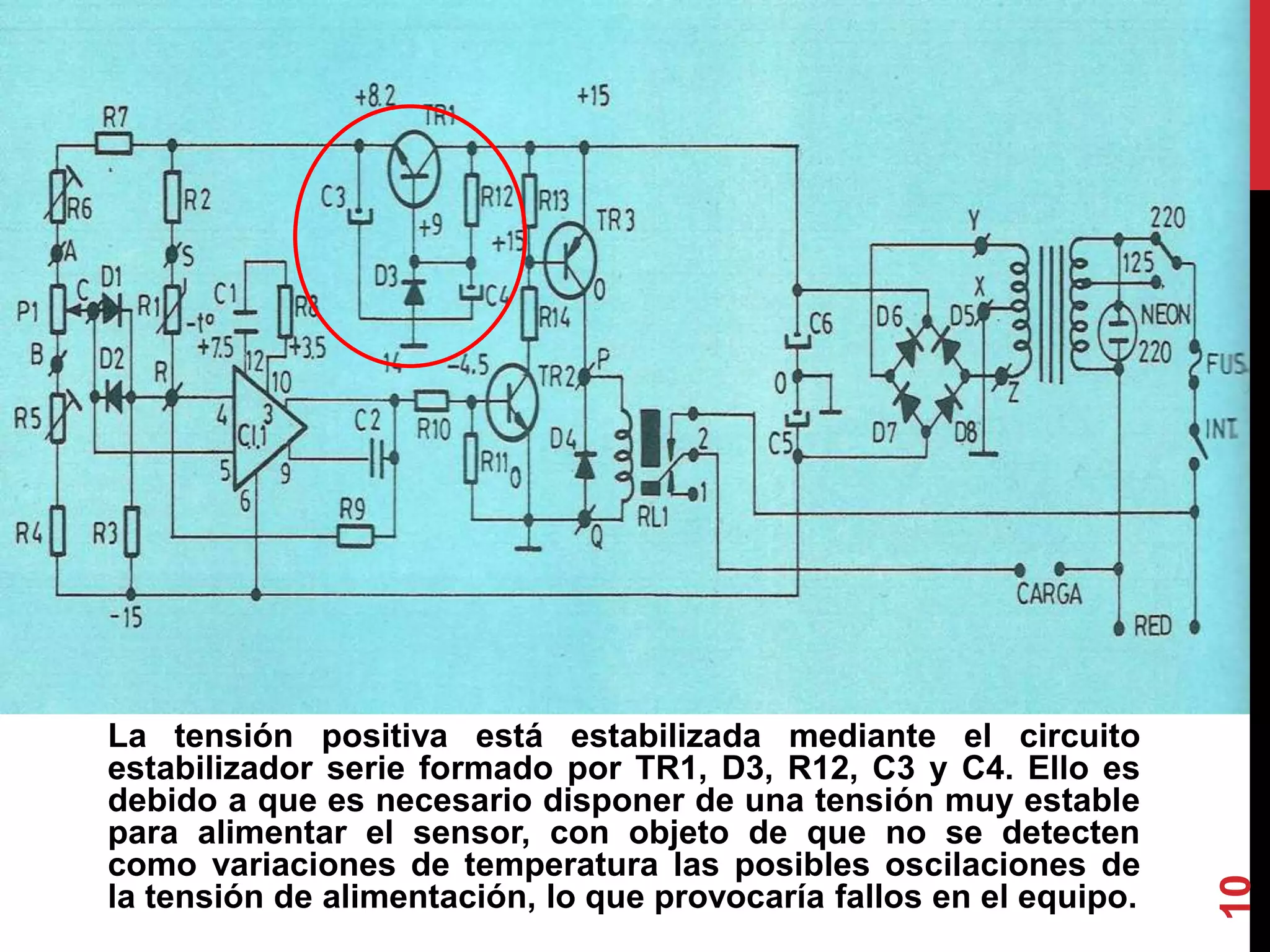 La tensión positiva está estabilizada mediante el circuito
estabilizador serie formado por TR1, D3, R12, C3 y C4. Ello es
debido a que es necesario disponer de una tensión muy estable
para alimentar el sensor, con objeto de que no se detecten
como variaciones de temperatura las posibles oscilaciones de
la tensión de alimentación, lo que provocaría fallos en el equipo.
10
 