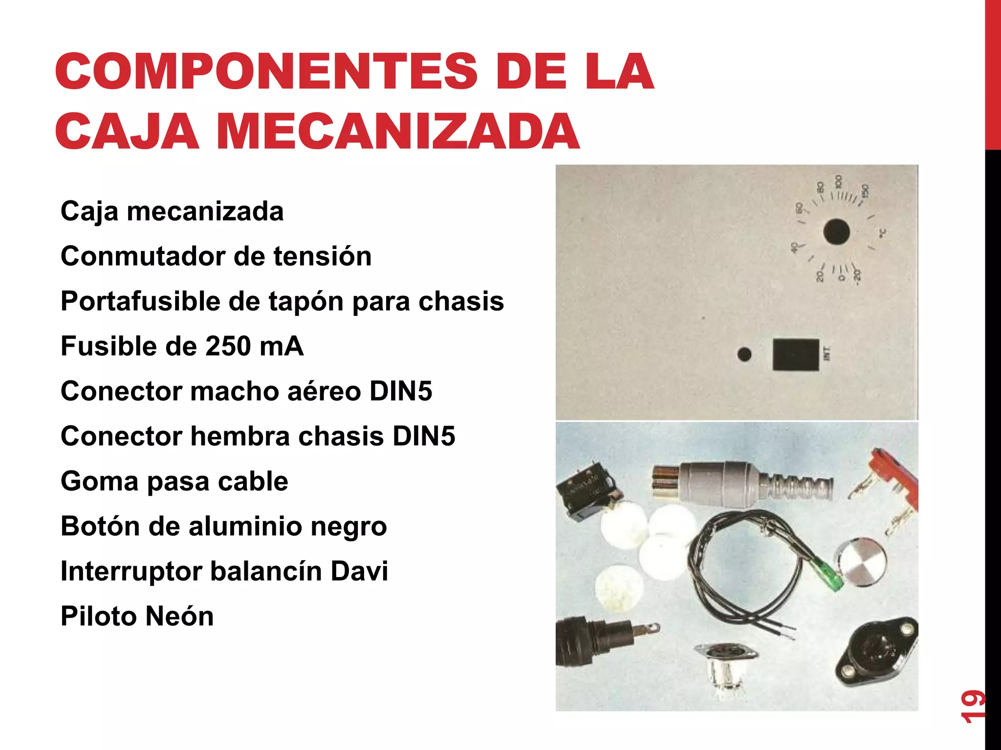 COMPONENTES DE LA
CAJA MECANIZADA
Caja mecanizada
Conmutador de tensión
Portafusible de tapón para chasis
Fusible de 250 mA
Conector macho aéreo DIN5
Conector hembra chasis DIN5
Goma pasa cable
Botón de aluminio negro
Interruptor balancín Davi
Piloto Neón
19
 