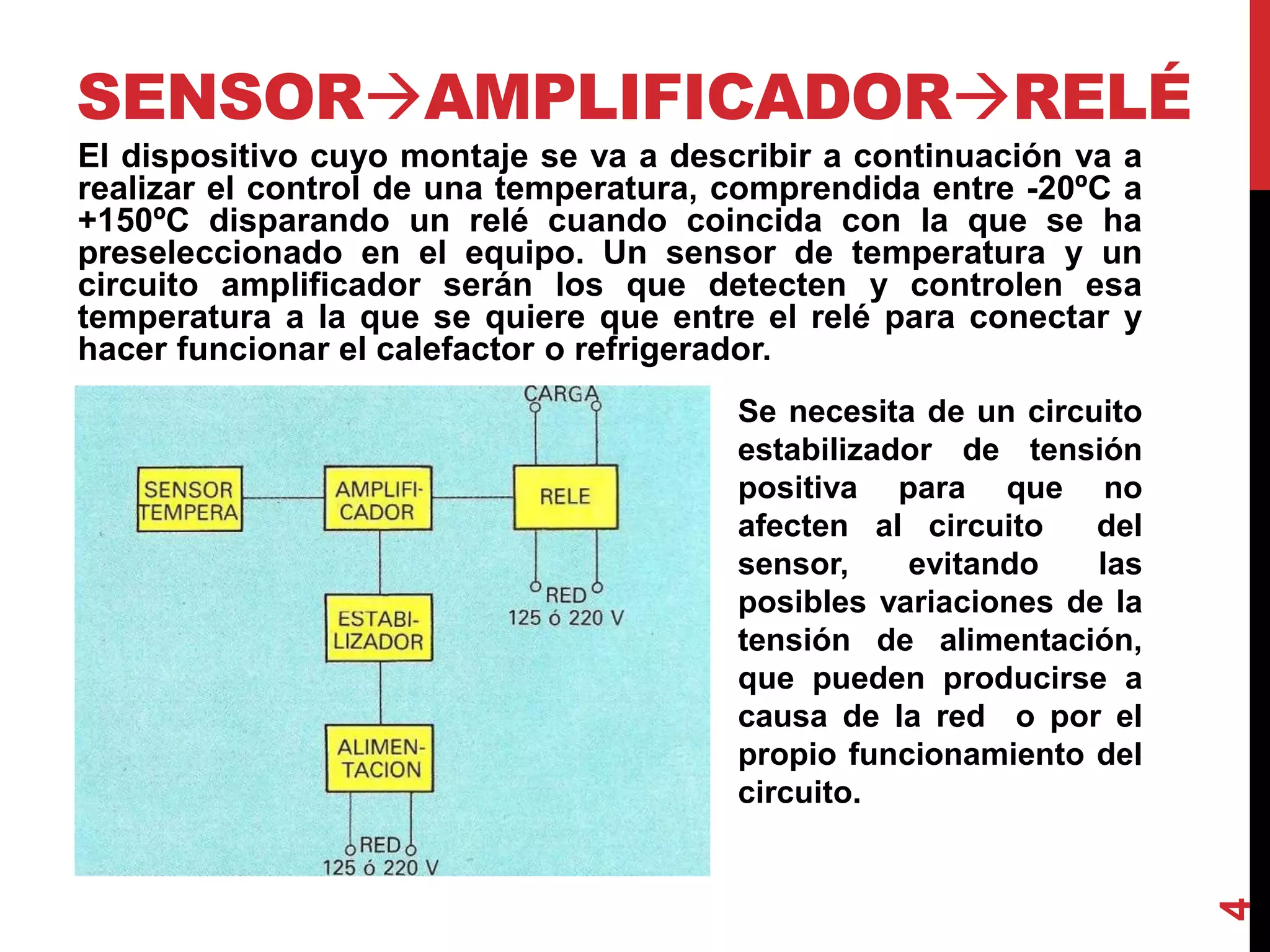 SENSORAMPLIFICADORRELÉ
El dispositivo cuyo montaje se va a describir a continuación va a
realizar el control de una temperatura, comprendida entre -20ºC a
+150ºC disparando un relé cuando coincida con la que se ha
preseleccionado en el equipo. Un sensor de temperatura y un
circuito amplificador serán los que detecten y controlen esa
temperatura a la que se quiere que entre el relé para conectar y
hacer funcionar el calefactor o refrigerador.
4
Se necesita de un circuito
estabilizador de tensión
positiva para que no
afecten al circuito del
sensor, evitando las
posibles variaciones de la
tensión de alimentación,
que pueden producirse a
causa de la red o por el
propio funcionamiento del
circuito.
 
