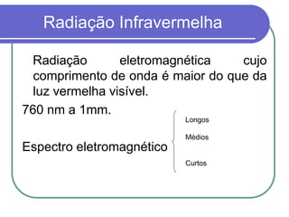 Radiação Infravermelha
Radiação eletromagnética cujo
comprimento de onda é maior do que da
luz vermelha visível.
760 nm a 1mm.
Espectro eletromagnético
Longos
Médios
Curtos
 