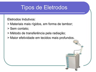 Tipos de Eletrodos
Eletrodos Indutivos:
> Materiais mais rígidos, em forma de tambor;
> Sem contato;
> Método de transferência pela radiação;
> Maior efetividade em tecidos mais profundos.
 