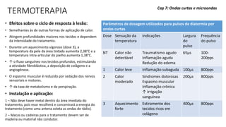 TERMOTERAPIA
• Efeitos sobre o ciclo de resposta à lesão:
• Semelhantes às de outras formas de aplicação de calor.
• Atingem profundidades maiores nos tecidos e dependem
da intensidade do tratamento.
• Durante um aquecimento vigoroso (dose 3), a
temperatura da pele da área tratada aumenta 2,38°C e a
temperatura intra-articular do joelho aumenta 1,38°C.
• ↑ o fluxo sanguíneo nos tecidos profundos, estimulando
a atividade fibroblástica, a deposição de colágeno e a
angiogênese.
• O espasmo muscular é reduzido por sedação dos nervos
sensoriais e motores.
• ↑ da taxa de metabolismo e da perspiração.
• Instalação e aplicação:
1 – Não deve haver metal dentro da área imediata do
tratamento, pois esse recolherá e concentrará a energia do
tratamento (como uma antena coleta as ondas de rádio).
2 – Macas ou cadeiras para o tratamento devem ser de
madeira ou material não condutor.
Cap 7: Ondas curtas e microondas
Parâmetros de dosagem utilizados para pulsos de diatermia por
ondas curtas
Dose Sensação da
temperatura
Indicações Largura
do
pulso
Frequência
do pulso
NT Calor não
detectável
Traumatismo agudo
Inflamação aguda
Redução do edema
65µs 100-
200pps
1 Calor leve Inflamação subaguda 100µs 800pps
2 Calor
moderado
Síndromes dolorosas
Espasmo muscular
Inflamação crônica
↑ irrigação
sanguínea
200µs 800pps
3 Aquecimento
forte
Estiramento dos
tecidos ricos em
colágeno
400µs 800pps
 