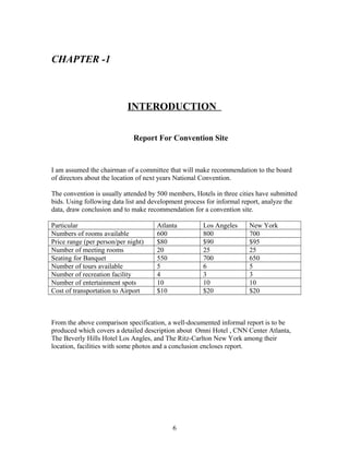 CHAPTER -1
INTERODUCTION
Report For Convention Site
I am assumed the chairman of a committee that will make recommendation to the board
of directors about the location of next years National Convention.
The convention is usually attended by 500 members, Hotels in three cities have submitted
bids. Using following data list and development process for informal report, analyze the
data, draw conclusion and to make recommendation for a convention site.
Particular Atlanta Los Angeles New York
Numbers of rooms available 600 800 700
Price range (per person/per night) $80 $90 $95
Number of meeting rooms 20 25 25
Seating for Banquet 550 700 650
Number of tours available 5 6 5
Number of recreation facility 4 3 3
Number of entertainment spots 10 10 10
Cost of transportation to Airport $10 $20 $20
From the above comparison specification, a well-documented informal report is to be
produced which covers a detailed description about Omni Hotel , CNN Center Atlanta,
The Beverly Hills Hotel Los Angles, and The Ritz-Carlton New York among their
location, facilities with some photos and a conclusion encloses report.
6
 
