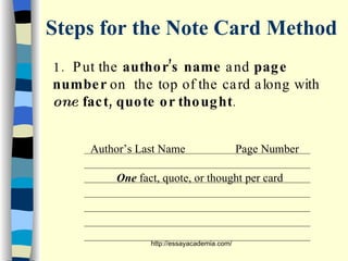 Author’s Last Name Page Number One  fact, quote, or thought per card Steps for the Note Card Method 1.  Put the  author’s name  and  page number  on  the top of the card along with  one  fact, quote or thought . 