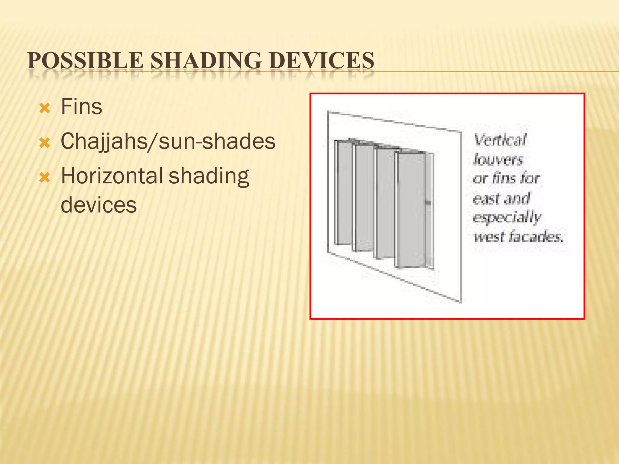 POSSIBLE SHADING DEVICES
 Fins
 Chajjahs/sun-shades
 Horizontal shading
devices
 