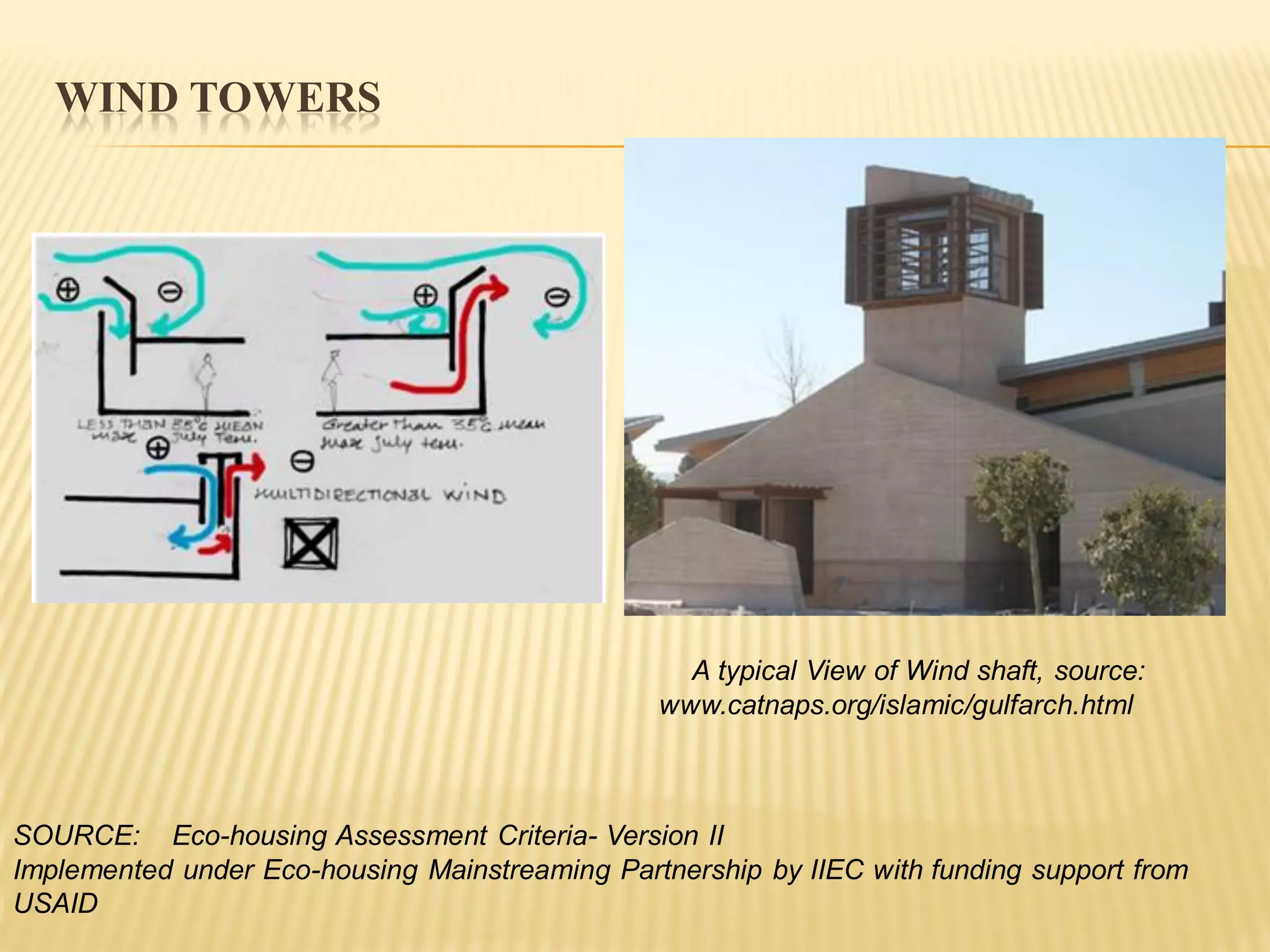WIND TOWERS
A typical View of Wind shaft, source:
www.catnaps.org/islamic/gulfarch.html
SOURCE: Eco-housing Assessment Criteria- Version II
Implemented under Eco-housing Mainstreaming Partnership by IIEC with funding support from
USAID
 