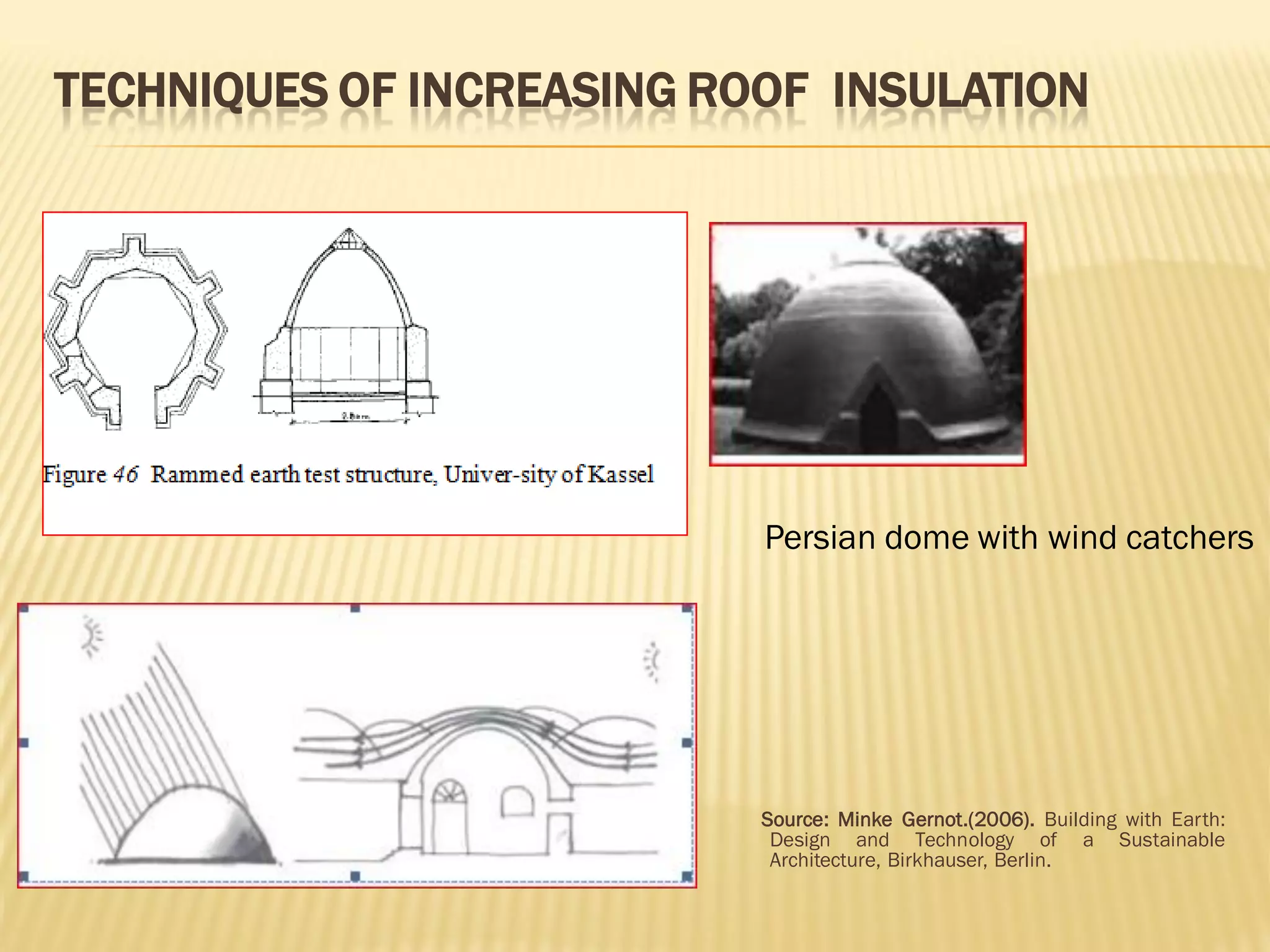 TECHNIQUES OF INCREASING ROOF INSULATION
Source: Minke Gernot.(2006). Building with Earth:
Design and Technology of a Sustainable
Architecture, Birkhauser, Berlin.
Persian dome with wind catchers
 
