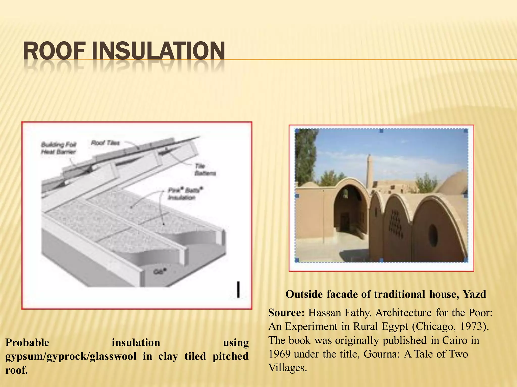 ROOF INSULATION
Probable insulation using
gypsum/gyprock/glasswool in clay tiled pitched
roof.
Outside facade of traditional house, Yazd
Source: Hassan Fathy. Architecture for the Poor:
An Experiment in Rural Egypt (Chicago, 1973).
The book was originally published in Cairo in
1969 under the title, Gourna: A Tale of Two
Villages.
 