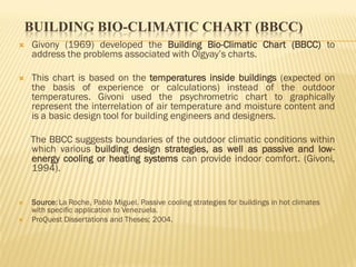 BUILDING BIO-CLIMATIC CHART (BBCC)
 Givony (1969) developed the Building Bio-Climatic Chart (BBCC) to
address the problems associated with Olgyay’s charts.
 This chart is based on the temperatures inside buildings (expected on
the basis of experience or calculations) instead of the outdoor
temperatures. Givoni used the psychrometric chart to graphically
represent the interrelation of air temperature and moisture content and
is a basic design tool for building engineers and designers.
The BBCC suggests boundaries of the outdoor climatic conditions within
which various building design strategies, as well as passive and low-
energy cooling or heating systems can provide indoor comfort. (Givoni,
1994).
 Source: La Roche, Pablo Miguel. Passive cooling strategies for buildings in hot climates
with specific application to Venezuela.
 ProQuest Dissertations and Theses; 2004.
 