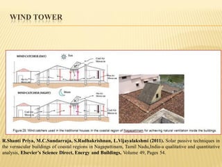 WIND TOWER
R.Shanti Priya, M.C.Sundarraja, S.Radhakrishnan, L.Vijayalakshmi (2011). Solar passive techniques in
the vernacular buildings of coastal regions in Nagapattinam, Tamil Nadu,India-a qualitative and quantitative
analysis, Elsevier’s Science Direct, Energy and Buildings, Volume 49, Pages 54.
 