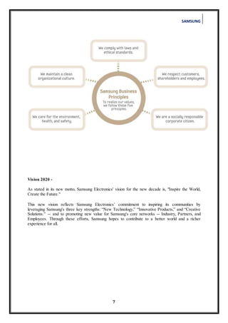 SAMSUNG
7
Vision 2020 -
As stated in its new motto, Samsung Electronics' vision for the new decade is, "Inspire the World,
Create the Future."
This new vision reflects Samsung Electronics’ commitment to inspiring its communities by
leveraging Samsung's three key strengths: “New Technology,” “Innovative Products,” and “Creative
Solutions.” -- and to promoting new value for Samsung's core networks -- Industry, Partners, and
Employees. Through these efforts, Samsung hopes to contribute to a better world and a richer
experience for all.
 