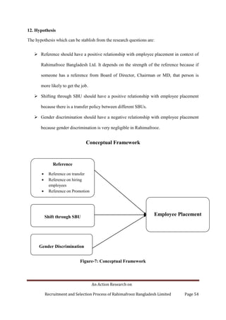 An Action Research on
Recruitment and Selection Process of Rahimafrooz Bangladesh Limited Page 54
12. Hypothesis
 Reference should have a positive relationship with employee placement in context of
Rahimafrooz Bangladesh Ltd. It depends on the strength of the reference because if
someone has a reference from Board of Director, Chairman or MD, that person is
more likely to get the job.
 Shifting through SBU should have a positive relationship with employee placement
because there is a transfer policy between different SBUs.
 Gender discrimination should have a negative relationship with employee placement
because gender discrimination is very negligible in Rahimafrooz.
Conceptual Framework
Figure-7: Conceptual Framework
Reference
Reference on transfer
Reference on hiring
employees
Reference on Promotion
Shift through SBU
Gender Discrimination
Employee Placement
 