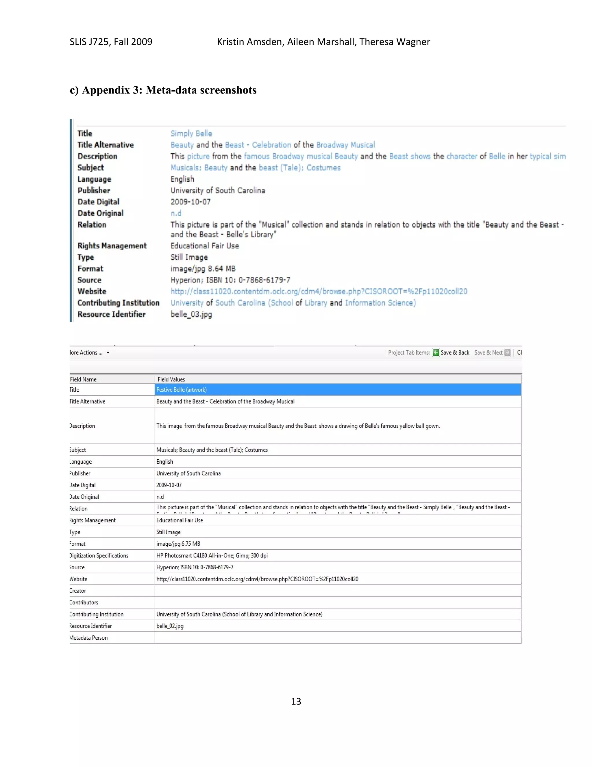 SLIS J725, Fall 2009        Kristin Amsden, Aileen Marshall, Theresa Wagner



c) Appendix 3: Meta-data screenshots




                                            13
 