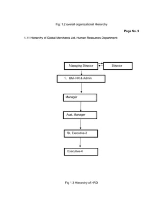 Fig: 1.2 overall organizational Hierarchy
Page No. 9
1.11 Hierarchy of Global Merchants Ltd. Human Resources Department:
Fig 1.3 Hierarchy of HRD
Managing Director Director
1. GM- HR & Admin
Manager
Asst. Manager
Sr. Executive-2
Executive-4
 