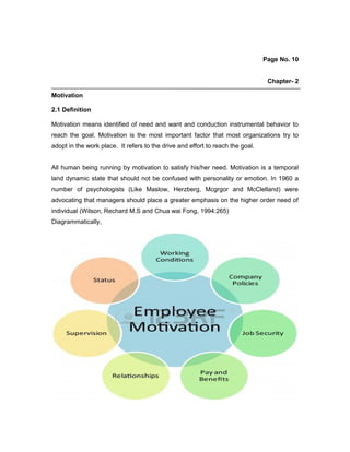 Page No. 10
Chapter- 2
Motivation
2.1 Definition
Motivation means identified of need and want and conduction instrumental behavior to
reach the goal. Motivation is the most important factor that most organizations try to
adopt in the work place. It refers to the drive and effort to reach the goal.
All human being running by motivation to satisfy his/her need. Motivation is a temporal
land dynamic state that should not be confused with personality or emotion. In 1960 a
number of psychologists (Like Maslow, Herzberg, Mcgrgor and McClelland) were
advocating that managers should place a greater emphasis on the higher order need of
individual (Wilson, Rechard M.S and Chua wai Fong, 1994:265)
Diagrammatically,
 