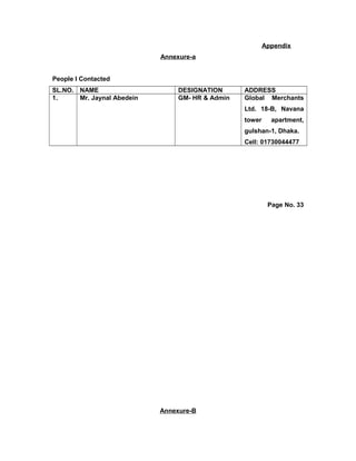 Appendix
Annexure-a
People I Contacted
SL.NO. NAME DESIGNATION ADDRESS
1. Mr. Jaynal Abedein GM- HR & Admin Global Merchants
Ltd. 18-B, Navana
tower apartment,
gulshan-1, Dhaka.
Cell: 01730044477
Page No. 33
Annexure-B
 