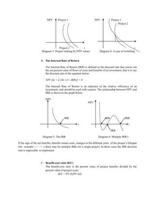 NPV Project 1 NPV Project 1 
Project 2 
Project 2 i i 
Diagram 3: Project ranking by NPV values Diagram 4: A case of switching 
B. The Internal Rate of Return 
The Internal Rate of Return (IRR) is defined as the discount rate that zeroes out the net present value of flows of costs and benefits of an investment, that is to say the discount rate of the equation below: 
NPV (S) = Σ [St / (1+ IRRt)] = 0 
The Internal Rate of Return is an indicator of the relative efficiency of an investment, and should be used with caution. The relationship between NPV and IRR is shown in the graph below. 
NPV 
NPV 
IRR IRR IRR 
i i 
IRR 
Diagram 5: The IRR Diagram 6: Multiple IRR’s 
If the sign of the net benefits, benefits minus costs, changes in the different years of the project’s lifespan (for example - + - + -) there may be multiple IRRs for a single project. In these cases the IRR decision rule is impossible to implement. 
C. Benefit-cost ratio (B/C) 
The benefit-cost ratio is the present value of project benefits divided by the present value of project costs: 
B/C = PV (I)/PV (O)  