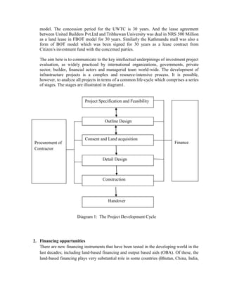 model. The concession period for the UWTC is 30 years. And the lease agreement between United Builders Pvt.Ltd and Tribhuwan University was deal in NRS 500 Million as a land lease in FBOT model for 30 years. Similarly the Kathmandu mall was also a form of BOT model which was been signed for 30 years as a lease contract from Citizen’s investment fund with the concerned parties. 
The aim here is to communicate to the key intellectual underpinings of investment project evaluation, as widely practiced by international organizations, governments, private sector, builder, financial actors and managerial team world-wide. The development of infrastructure projects is a complex and resource-intensive process. It is possible, however, to analyze all projects in terms of a common life-cycle which comprises a series of stages. The stages are illustrated in diagram1. 
Diagram 1: The Project Development Cycle 
2. Financing oppurtunities 
There are new financing instruments that have been tested in the developing world in the last decades; including land-based financing and output based aids (OBA). Of these, the land-based financing plays very substantial role in some countries (Bhutan, China, India, 
Project Specification and Feasibility 
Outline Design 
Consent and Land acquisition 
Detail Design 
Construction 
Handover 
Procurement of Contractor 
Finance  