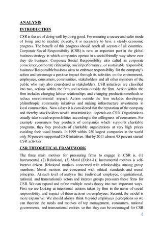 4
ANALYSIS
INTRODUCTION
CSR is the art of doing well by doing good. Forensuring a secure and safer mode
of living and to irradiate poverty, it is necessary to have a steady economic
progress. The benefit of this progress should reach all sectors of all countries.
Corporate Social Responsibility (CSR) is now an important part in the global
business strategy in which companies operate in a socialfriendly way where ever
they do business. Corporate Social Responsibility also called as corporate
conscience, corporate citizenship, social performance, or sustainable responsible
business/ Responsiblebusiness aims to embrace responsibility for the company’s
action and encourage a positive impact through its activities on the environment,
employees, consumers, communities, stakeholders and all other members of the
public who may also considered as stakeholders. CSR initiatives are classified
into two, actions within the firm and actions outside the firm. Action within the
firm includes changing labour relationships and changing production methods to
reduce environmental impact. Action outside the firm includes developing
philanthropic community initiatives and making infrastructure investments in
local communities. Now a days it is considered that the reputation ofthe company
and thereby stockholders wealth maximization depends on CSR. Organizations
usually take socialresponsibilities accordingto the willingness of consumers. For
example consumers buy products of companies which supports charitable
programs, they buy products of charitable organizations at very high prices
avoiding their usual brands. In 1999 within 250 largest companies in the world
only 30 percent supported CSR initiatives. But by 2011 almost 95 percent started
CSR activities.
CSR THEORETICAL FRAMEWORK
The three main motives for pressuring firms to engage in CSR is, (1)
Instrumental, (2) Relational, (3) Moral (Exibit-1). Instrumental motives is self-
interest driven. Relational motives concerned with relationships among group
members. Moral motives are concerned with ethical standards and moral
principles. At each level of analysis like (individual employee, organizational,
national, and transnational) actors and interest groups pressures these firms for
CSR. We can expand and refine multiple needs theory into two important ways.
First we are looking at intentional actions taken by firm in the name of social
responsibility and impact of these actions on employees. Second, the model is
more expansive. We should always think beyond employees perceptions so we
can theorize the needs and motives of top management, consumers, national
governments, and transnational entities so that they can be encouraged for CSR
 