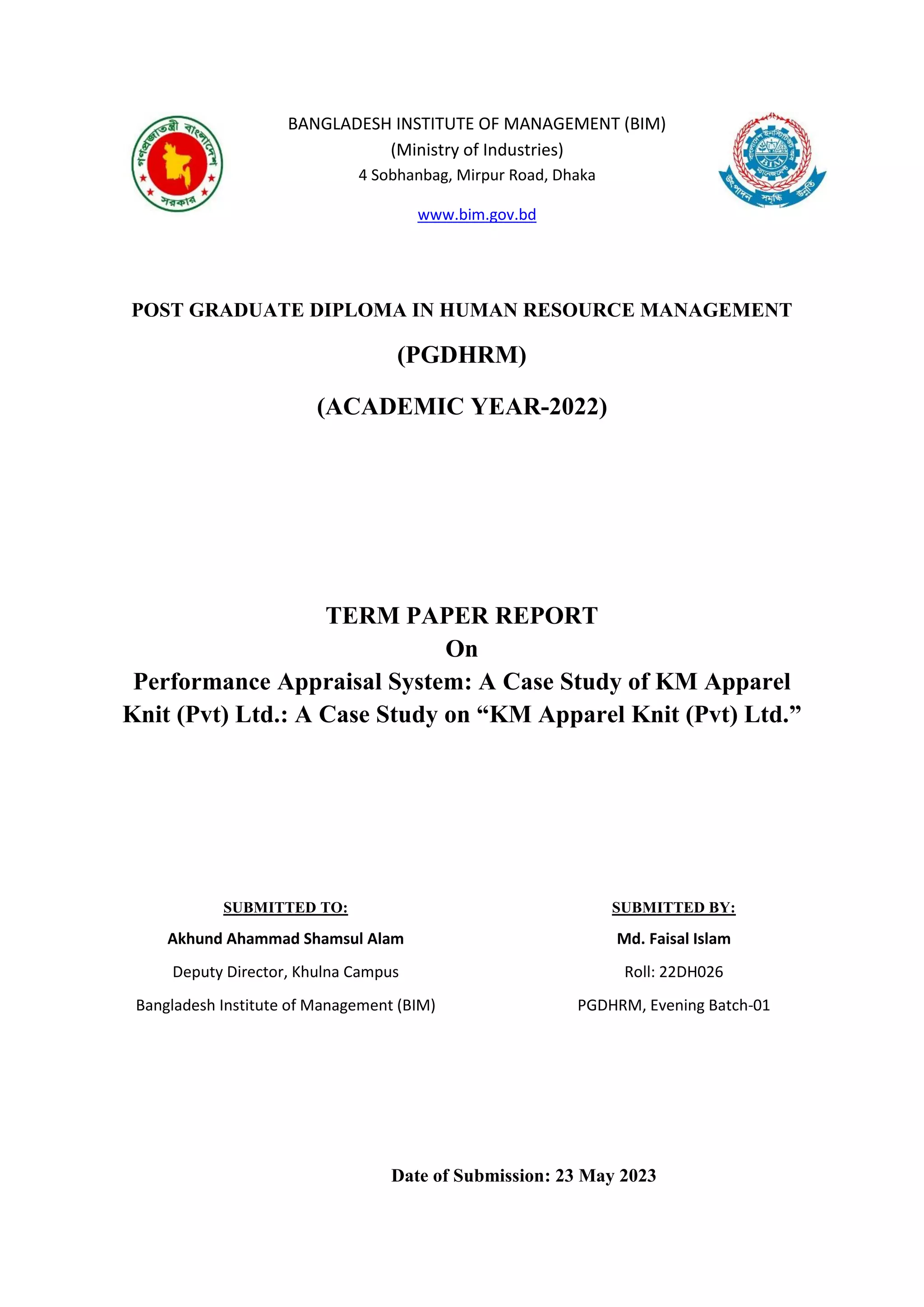 Performance Appraisal System A Case Study on “KM Apparel Knit (Pvt