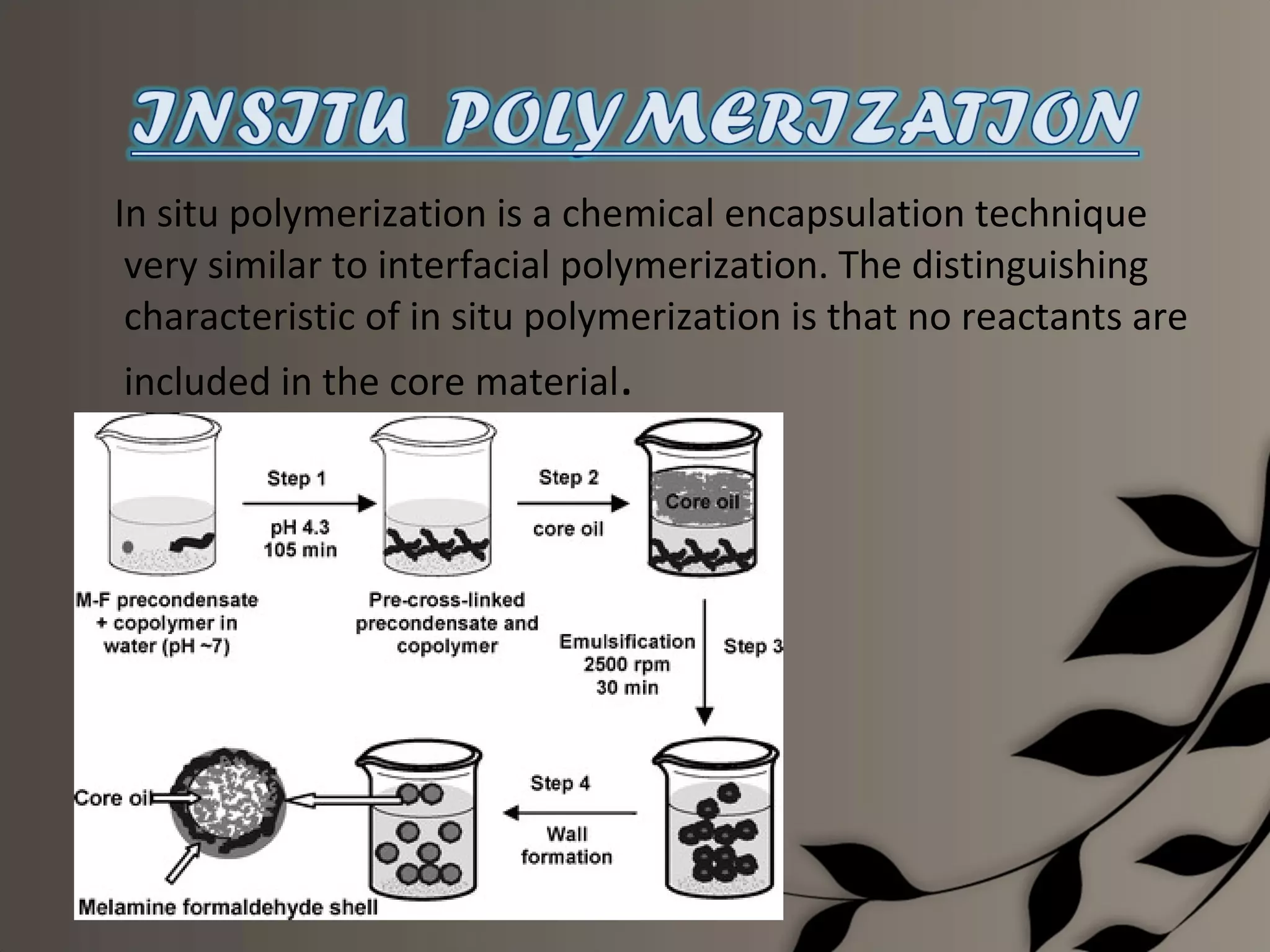 In situ polymerization is a chemical encapsulation technique
 very similar to interfacial polymerization. The distinguishing
 characteristic of in situ polymerization is that no reactants are
included in the core material.
 