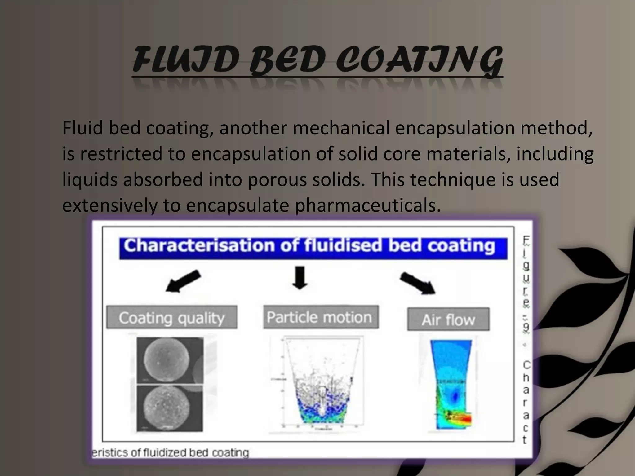 Fluid bed coating, another mechanical encapsulation method,
is restricted to encapsulation of solid core materials, including
liquids absorbed into porous solids. This technique is used
extensively to encapsulate pharmaceuticals.
 