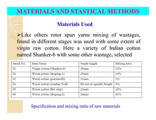MATERIALS AND STASTICAL METHODSMATERIALS AND STASTICAL METHODS
Like others rotor spun yarns mixing of wastages,
found in different stages was used with some extent of
virgin raw cotton. Here a variety of Indian cotton
named Shanker-6 with some other wastage, selected
Materials Used
Specification and mixing ratio of raw materials
 